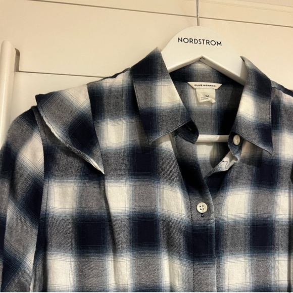 CLUB MONACO EUC Evira M Plaid Flannel Ruffle Shoulder Top Shirt Button Front - Picture 4 of 6